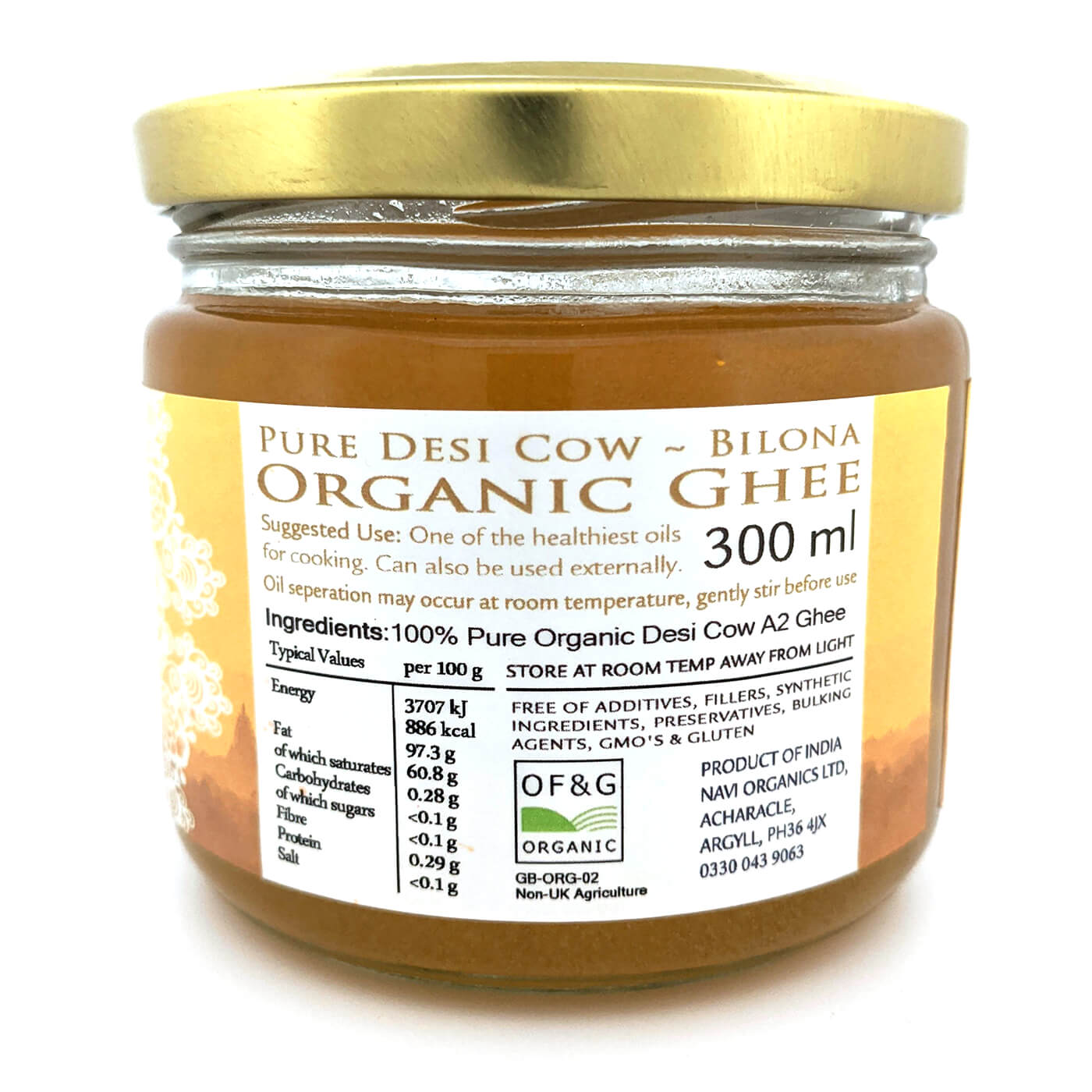 A2 Desi Gir Cow Cultured Ghee - Vedic Bilona HOMA Organic Farmed - 300ml