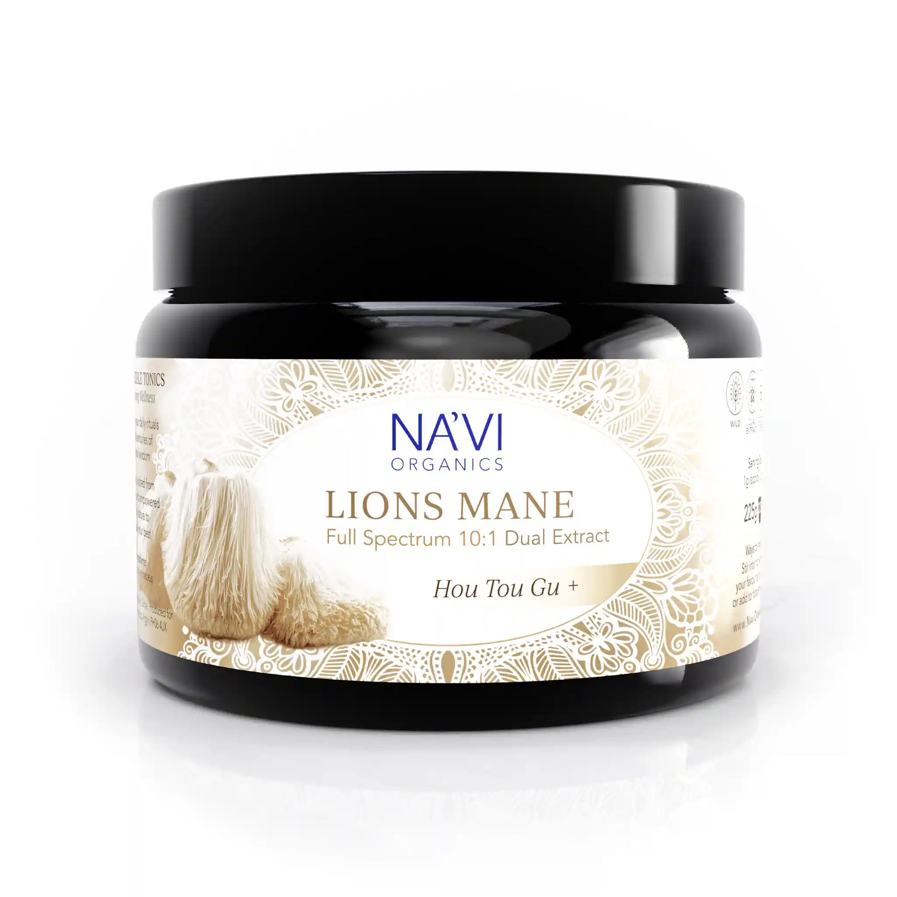 Na'vi Organics lion's mane mushroom dual extract powder in glass jar