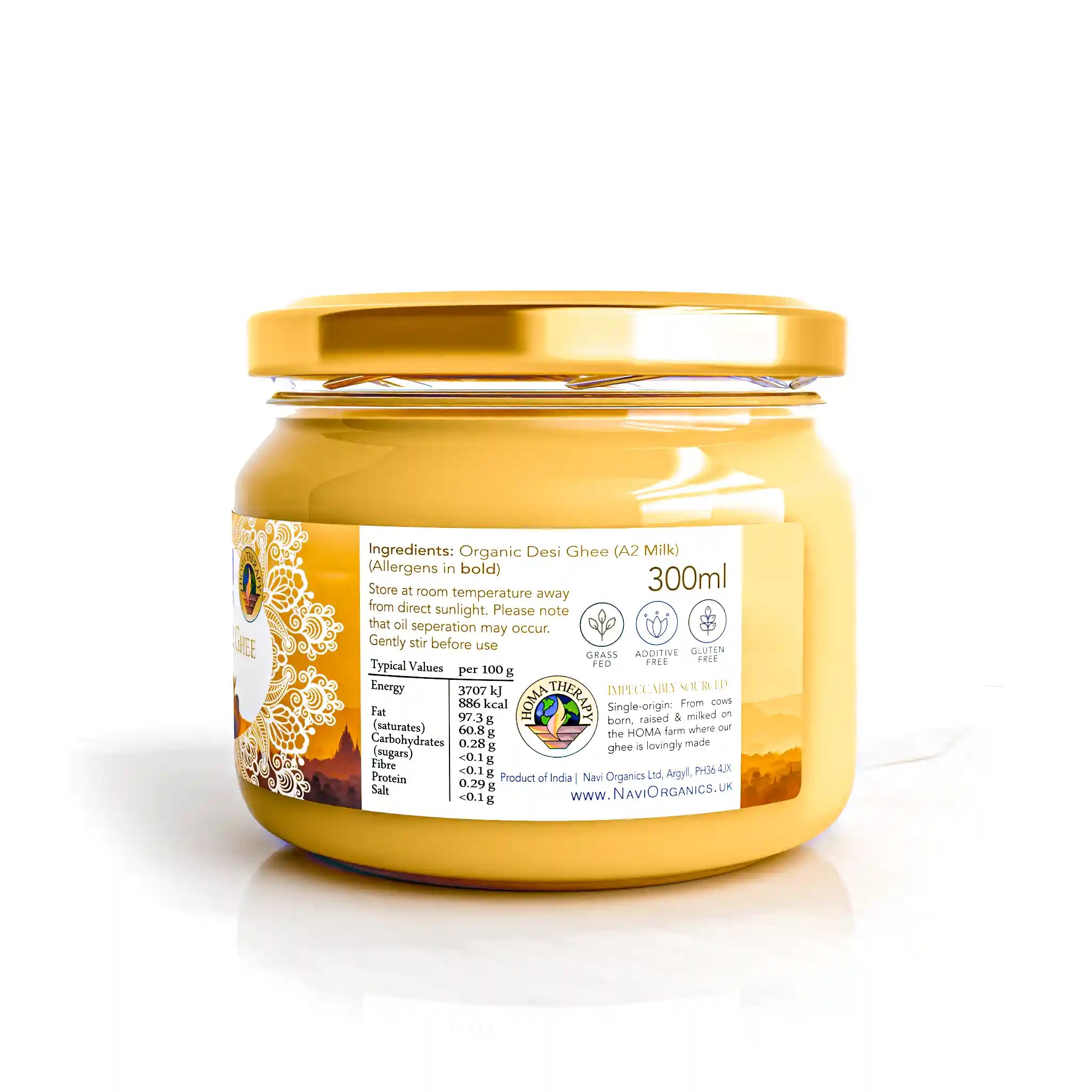 A2 Desi Gir Cow Cultured Ghee - Vedic Bilona HOMA Organic Farmed - 300ml - Na'vi Organics