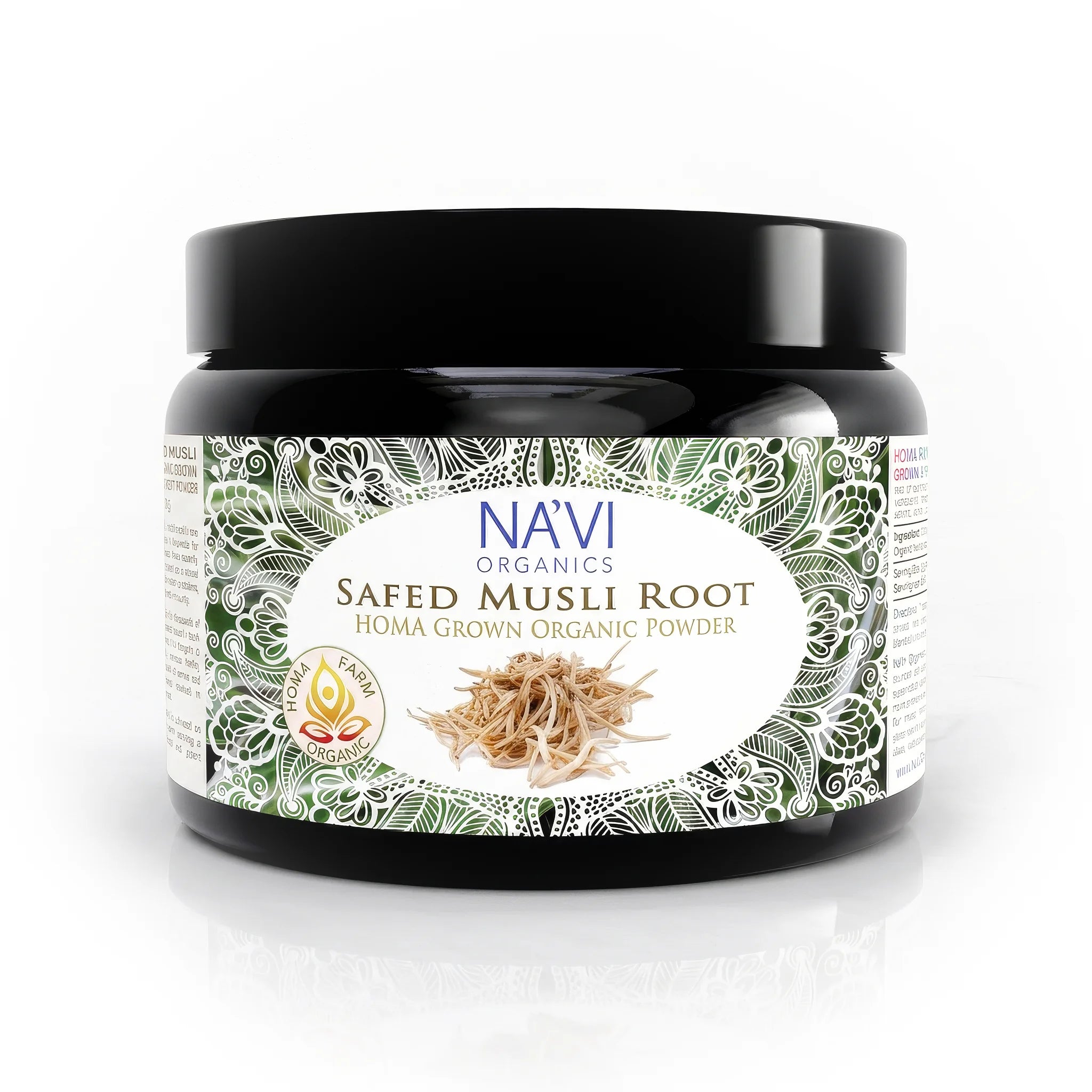 Safed Musli root powder in amber glass jar - Na'vi Organics