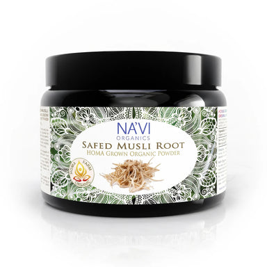 Safed Musli root powder in amber glass jar - Na'vi Organics