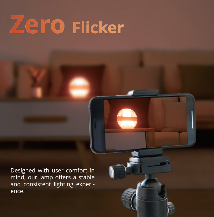Zero flicker: stable, consistent light shown through a phone camera on a tripod.