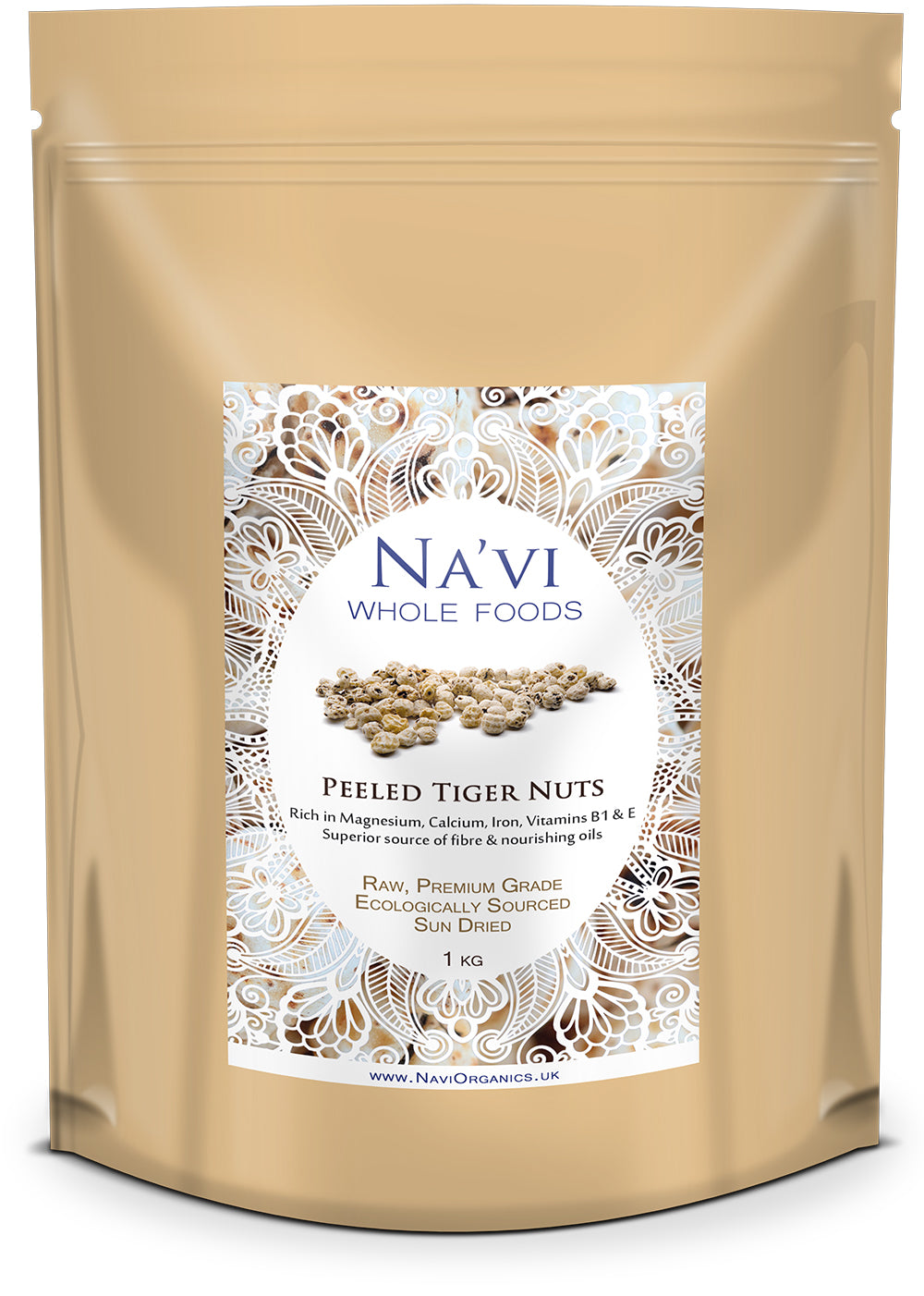 1kg resealable pouch of raw, peeled tiger nuts 